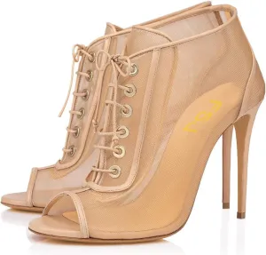 FSJ Sexy Lace Up Ankle Booties Mesh Peep Toe Stiletto High Heels Hollow Out Short Boots Cutout Pumps Caged Summer Ladies Party Prom Wedding Dress Shoes Size 4-15 US