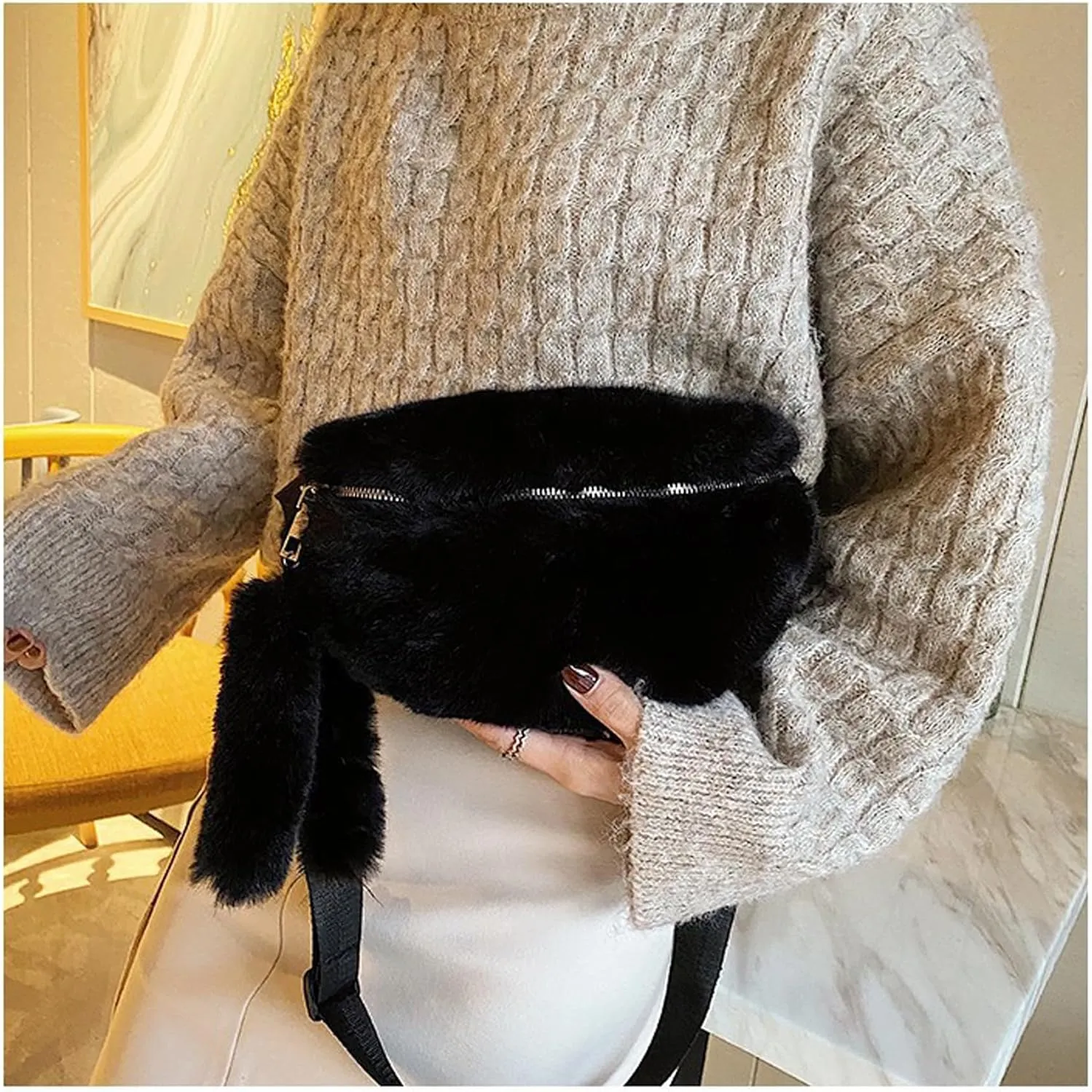 Fuzzy Fanny Pack for Women Faux Fur Belt Bum Bag with Adjustable Strap Waist Pouch Casual Crossbody Purse for Travel