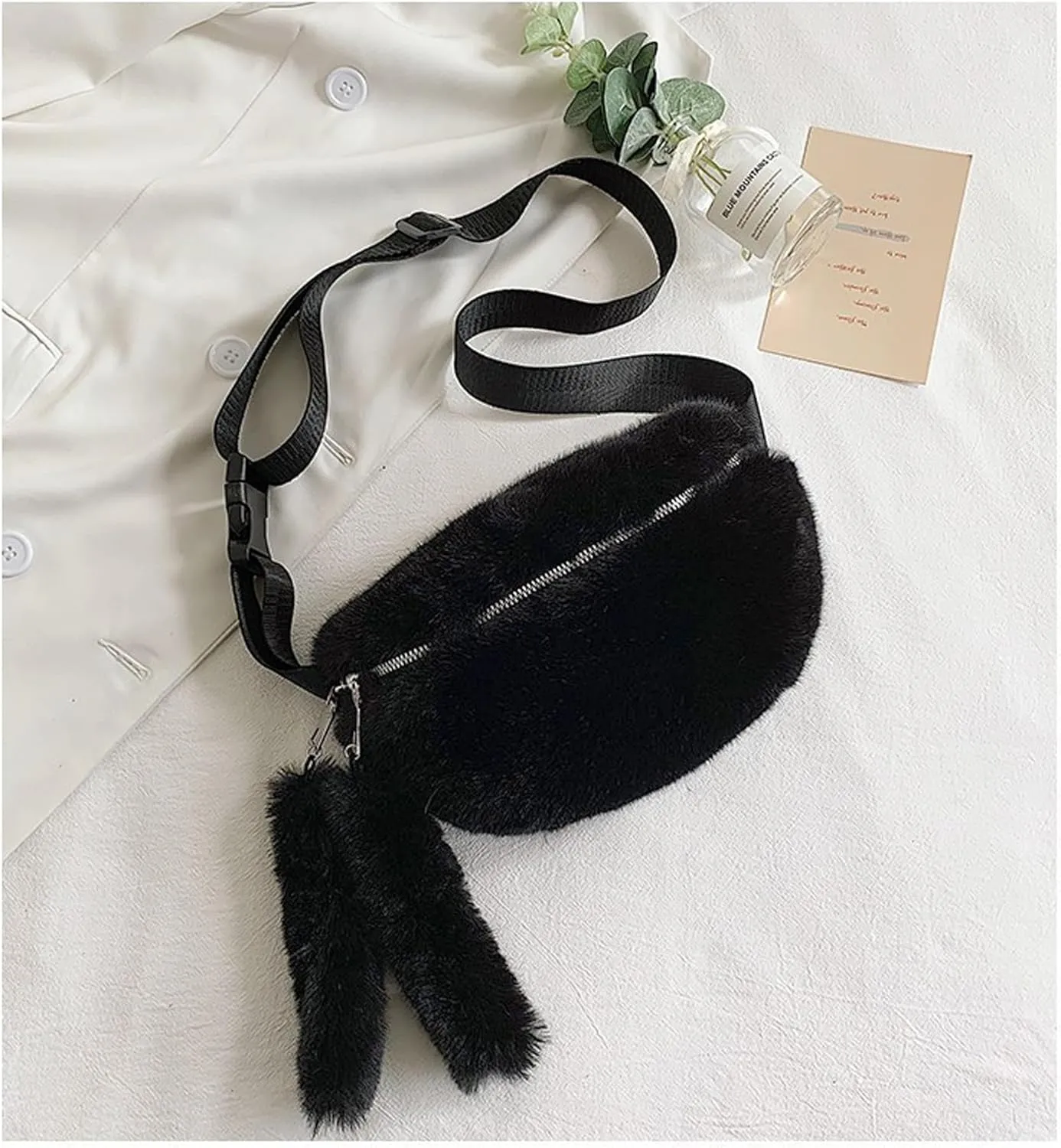 Fuzzy Fanny Pack for Women Faux Fur Belt Bum Bag with Adjustable Strap Waist Pouch Casual Crossbody Purse for Travel