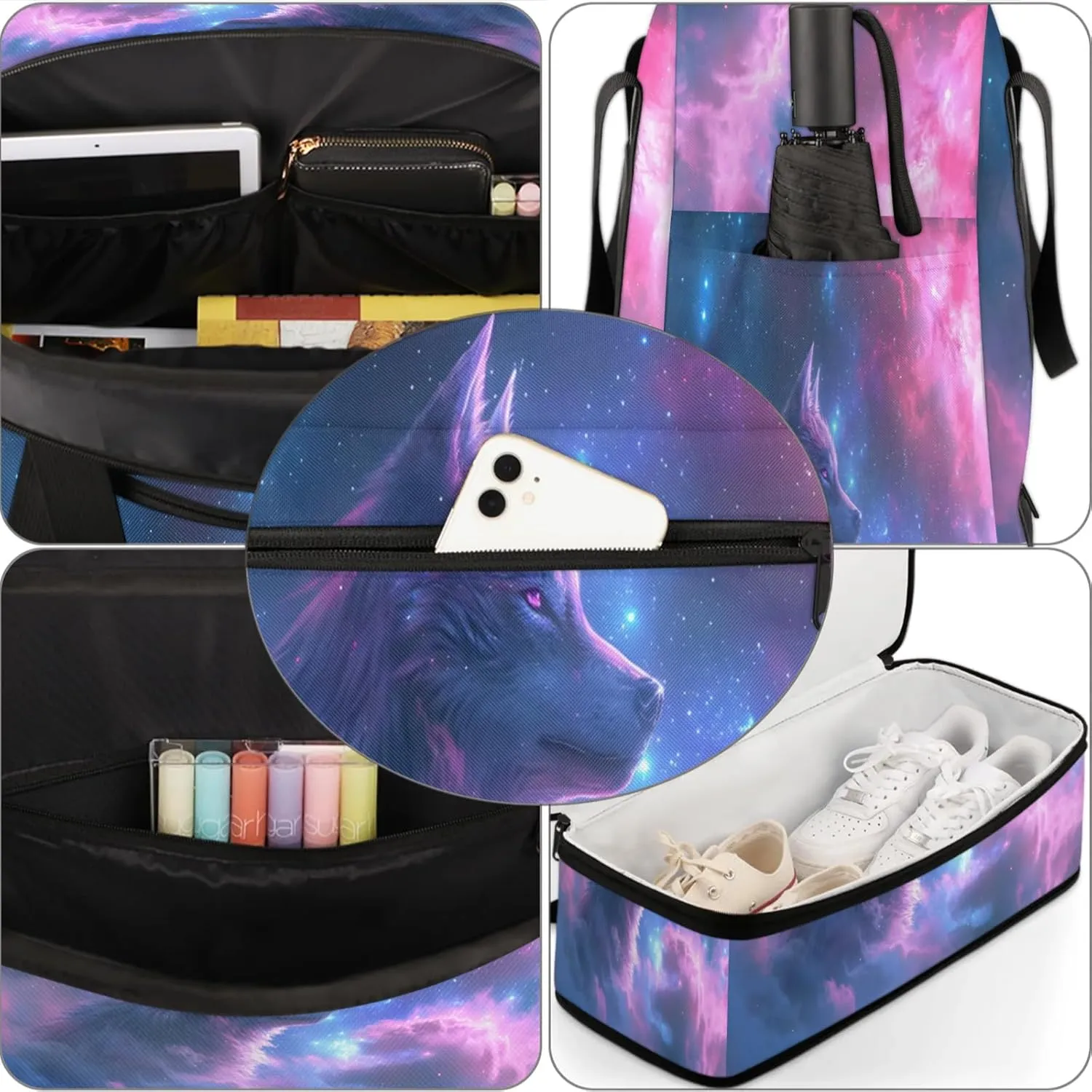 Galaxy Animal Wolf Travel Duffel Bags for Women & Men Large Sports Gym Bags Foldie Weekender Overnight Bag Carry On Tote Bag With Shoe Compartment Personal Item Bag for Travel Sports Gym