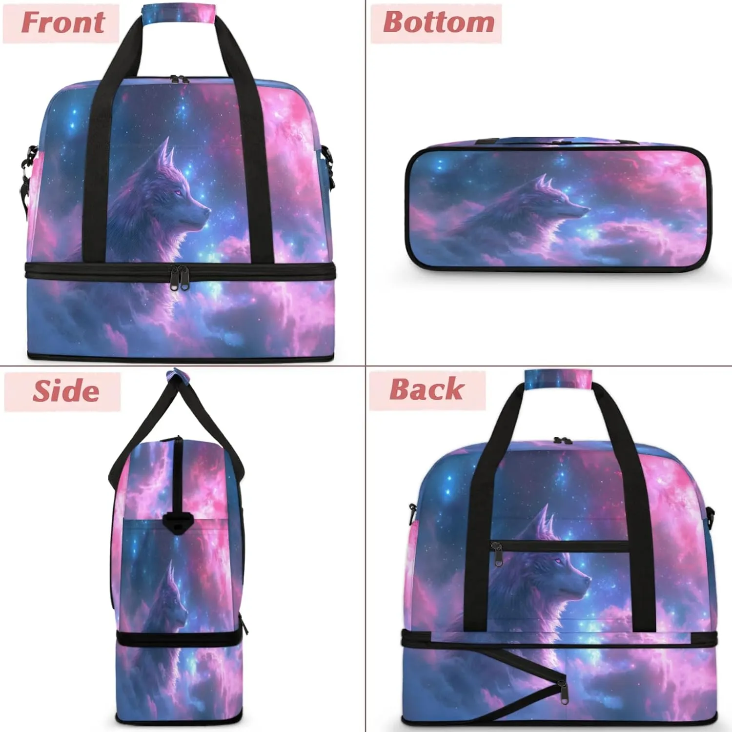 Galaxy Animal Wolf Travel Duffel Bags for Women & Men Large Sports Gym Bags Foldie Weekender Overnight Bag Carry On Tote Bag With Shoe Compartment Personal Item Bag for Travel Sports Gym