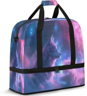 Galaxy Animal Wolf Travel Duffel Bags for Women & Men Large Sports Gym Bags Foldie Weekender Overnight Bag Carry On Tote Bag With Shoe Compartment Personal Item Bag for Travel Sports Gym