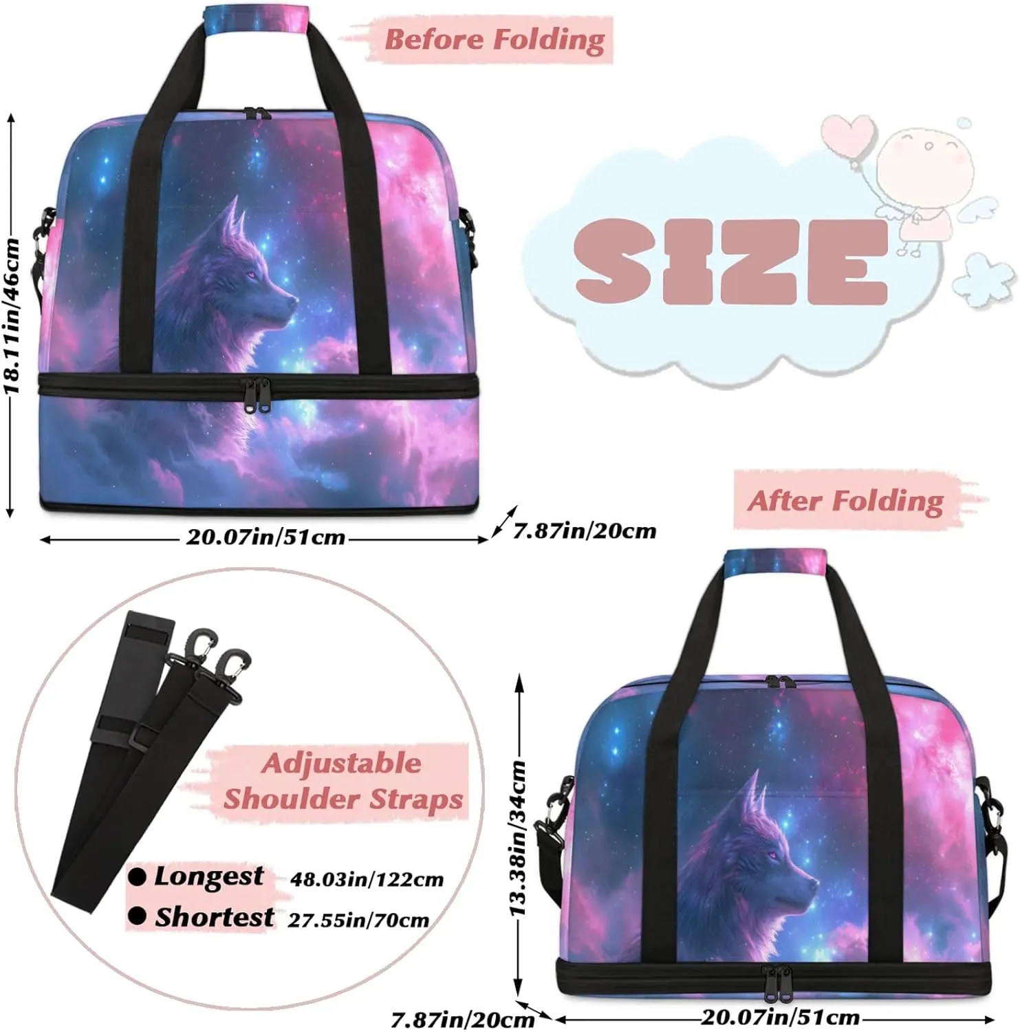 Galaxy Animal Wolf Travel Duffel Bags for Women & Men Large Sports Gym Bags Foldie Weekender Overnight Bag Carry On Tote Bag With Shoe Compartment Personal Item Bag for Travel Sports Gym