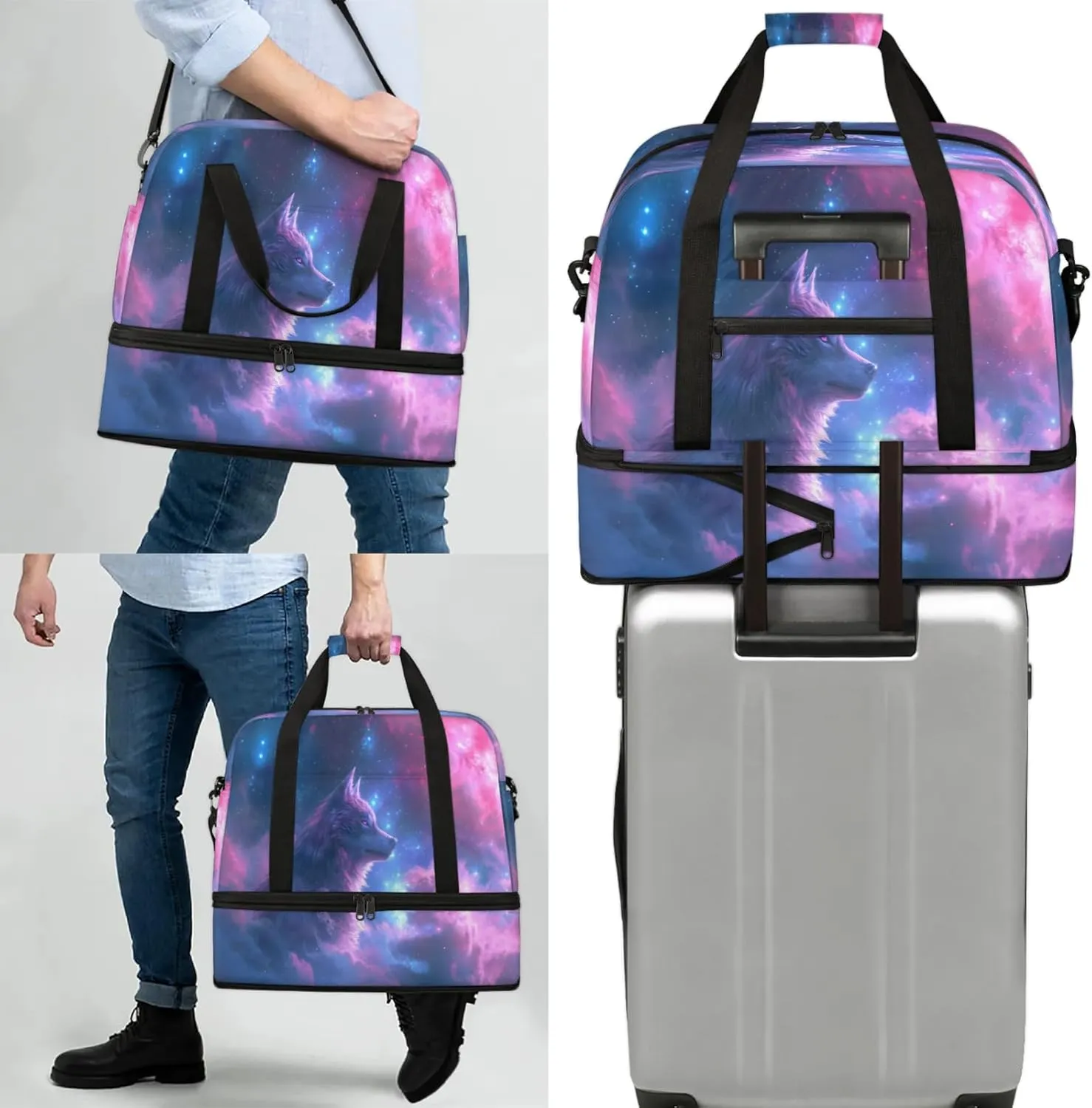 Galaxy Animal Wolf Travel Duffel Bags for Women & Men Large Sports Gym Bags Foldie Weekender Overnight Bag Carry On Tote Bag With Shoe Compartment Personal Item Bag for Travel Sports Gym