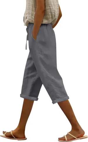 Gauze Beach Pants for Women Cotton Linen Elastic Seven Pants Beach Casual Pants Linen Loose Fit Drawstring Trousers