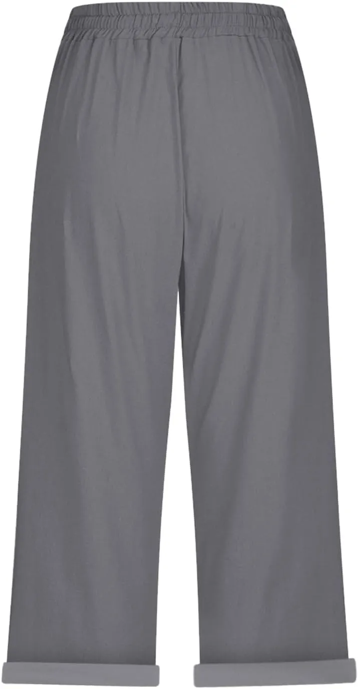 Gauze Beach Pants for Women Cotton Linen Elastic Seven Pants Beach Casual Pants Linen Loose Fit Drawstring Trousers