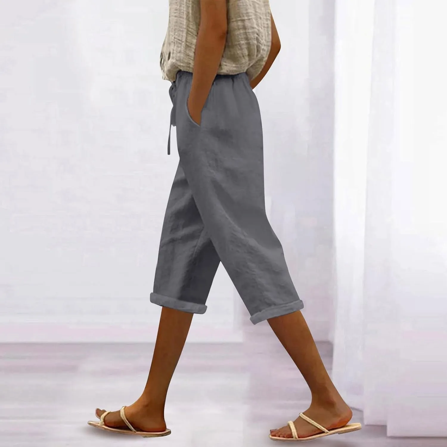 Gauze Beach Pants for Women Cotton Linen Elastic Seven Pants Beach Casual Pants Linen Loose Fit Drawstring Trousers
