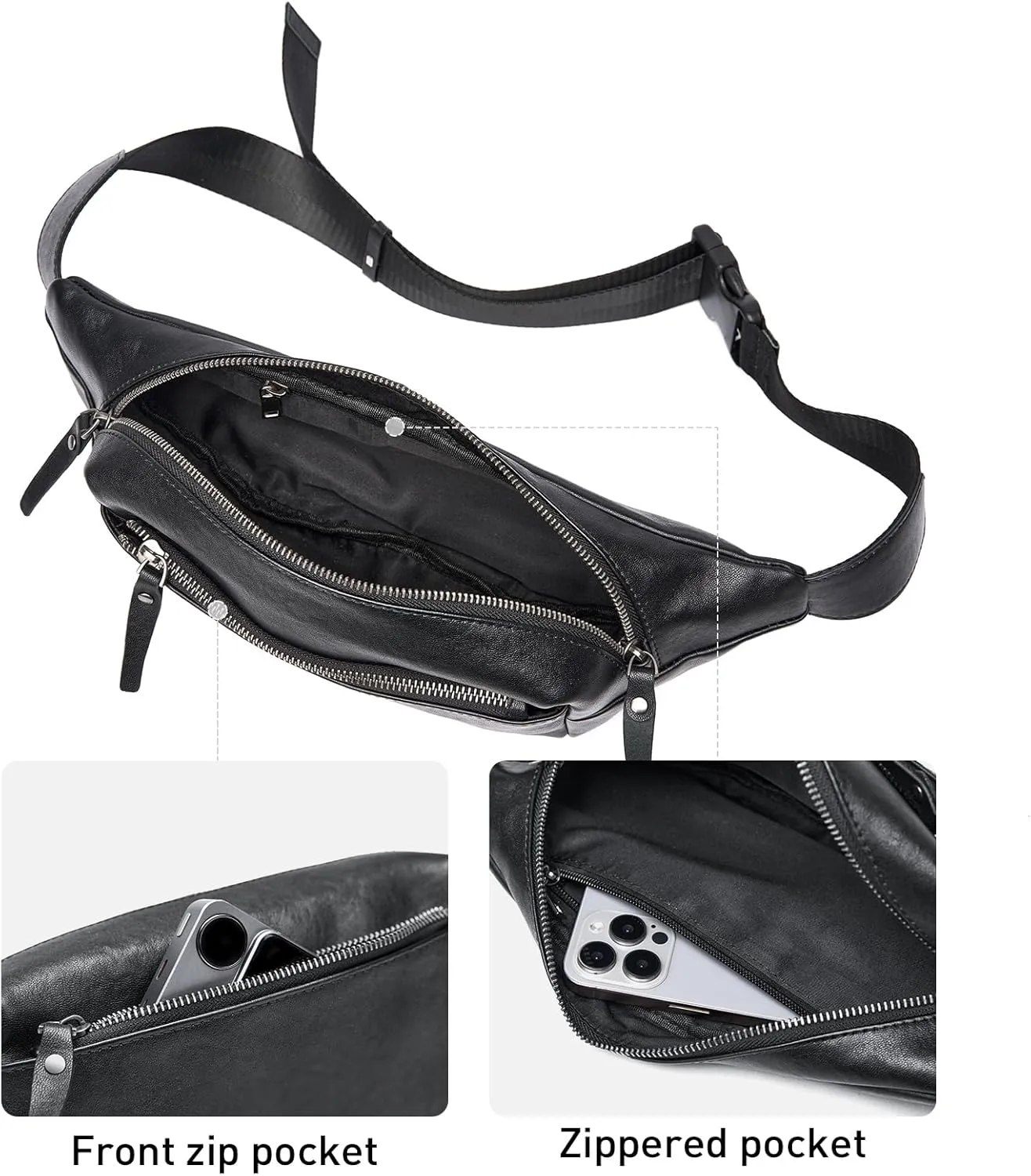 Genuine Leather Fanny Pack Fashionable Hip Bum Bag Travel Pouch for Men and Women- Multi-Pockets Waist Belt Bag for Travel Sports Hiking Cycling Fishing Running