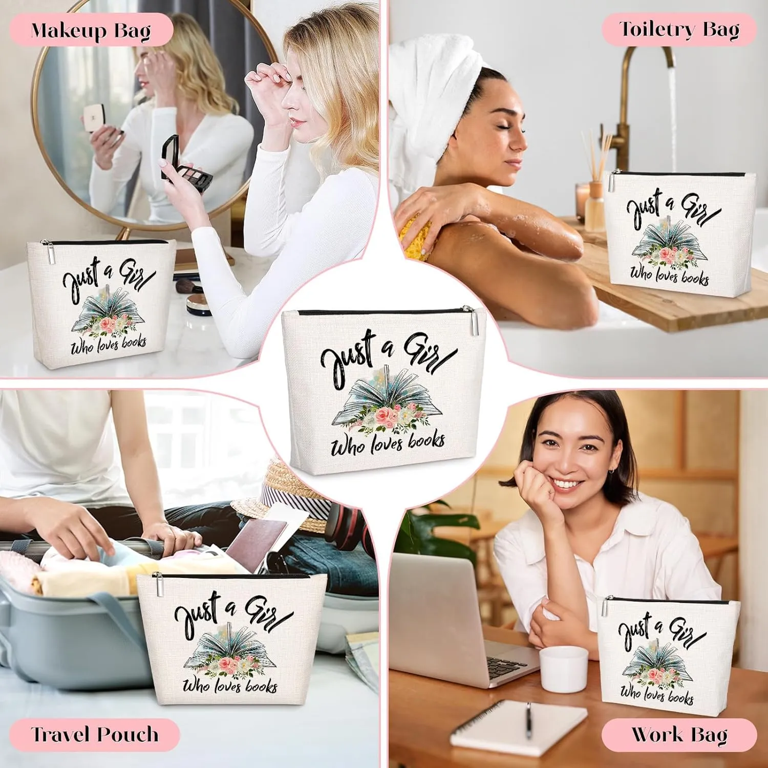 GevGuxLuo Book Lovers Gifts - Makeup Bag with Mirror, Birthday Gifts for Daughter, Sister, Bestie, Librarian, Readers Who Love Books, Cosmetic Bag Zipper Pouch