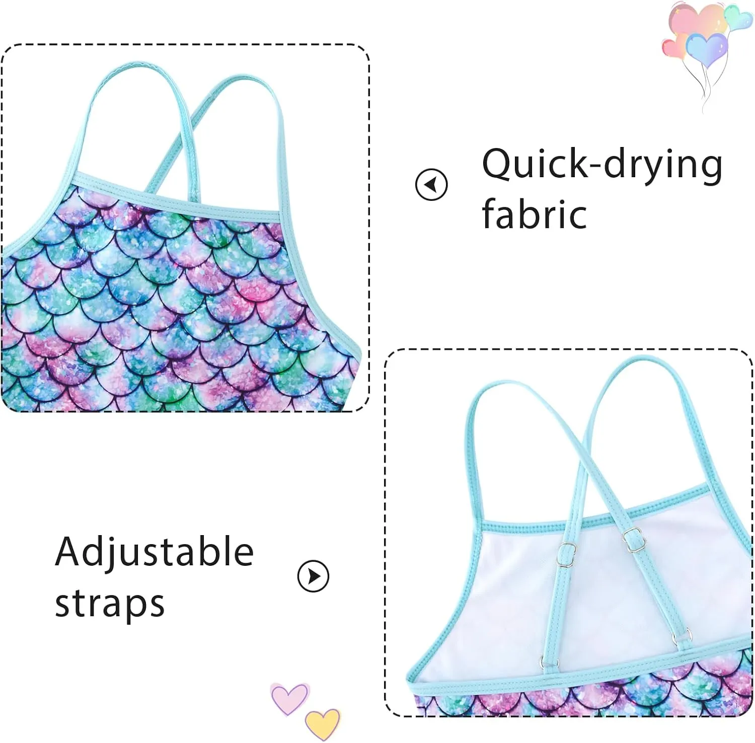 Girls Tankini Swimsuit Mermaid Bathing Suits Criss-Cross Strap Adjustable Summer Beach Two Piece Swimwear Size 4-12