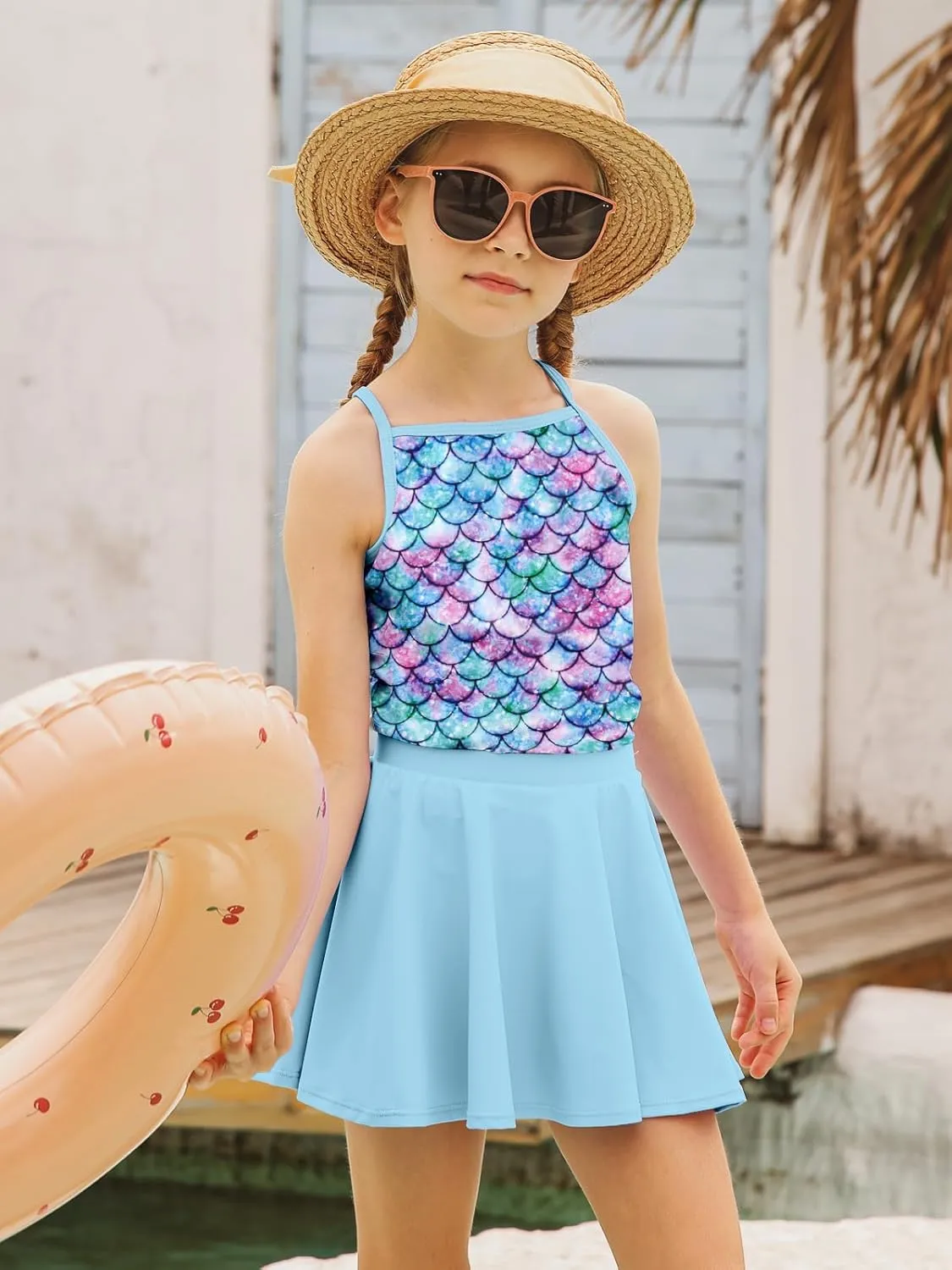 Girls Tankini Swimsuit Mermaid Bathing Suits Criss-Cross Strap Adjustable Summer Beach Two Piece Swimwear Size 4-12