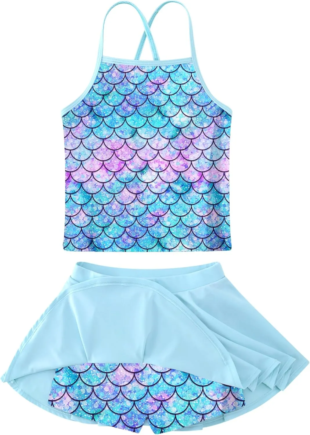 Girls Tankini Swimsuit Mermaid Bathing Suits Criss-Cross Strap Adjustable Summer Beach Two Piece Swimwear Size 4-12