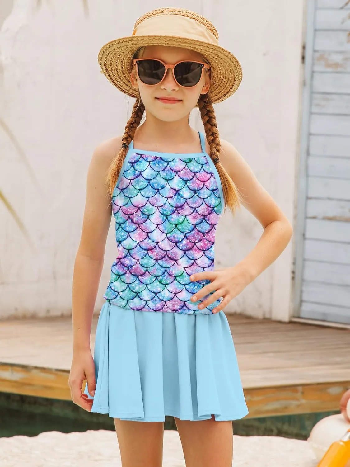 Girls Tankini Swimsuit Mermaid Bathing Suits Criss-Cross Strap Adjustable Summer Beach Two Piece Swimwear Size 4-12