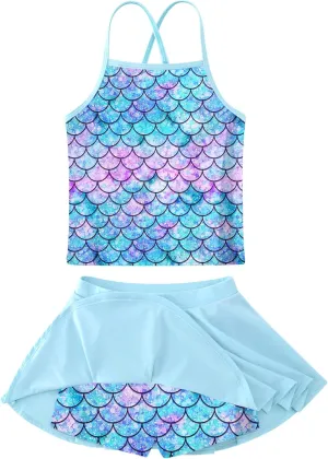 Girls Tankini Swimsuit Mermaid Bathing Suits Criss-Cross Strap Adjustable Summer Beach Two Piece Swimwear Size 4-12