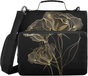 Golden Rose Flower Line Luxury Zipper Binder with Shoulder Strap Trapper Keeper 3 Ring Binder Organizer Large Capacity Multiple Compartments for School Office