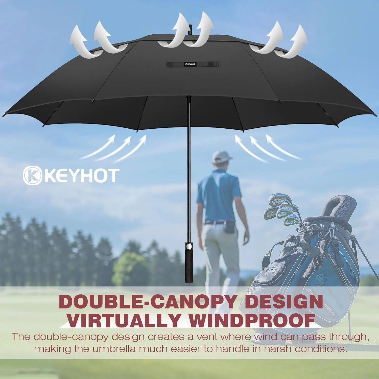 Golf Umbrella 51/56/62/68 Inch - Large Umbrellas Windproof Automatic Open- Heavy Duty Umbrella Double Canopy - Golf Push Cart Umbrella for Mens Women