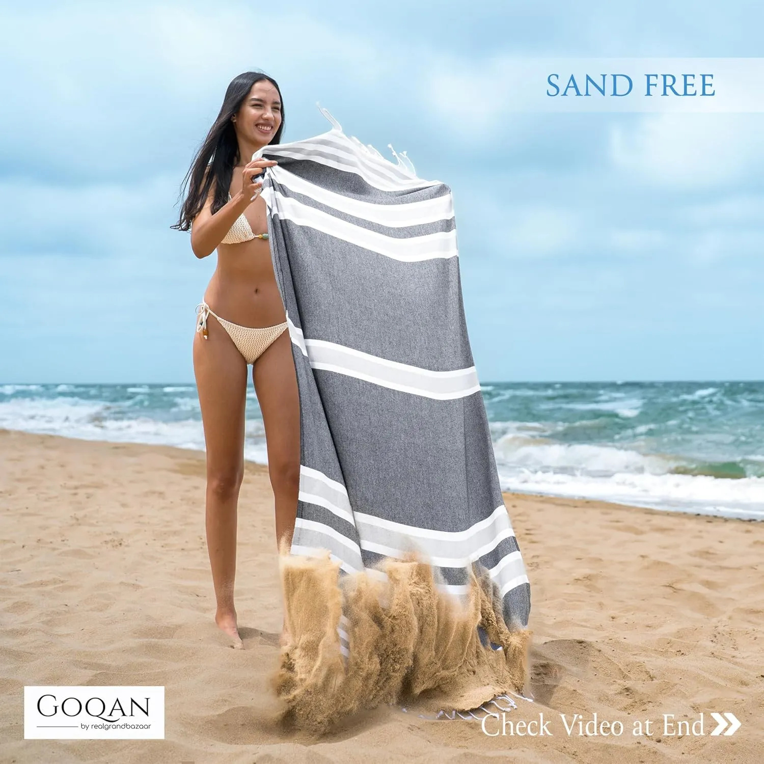 GOQAN Turkish Cotton Beach Towel Oversized 39x71 | Thin, Lightweight and Sand Free Towel is Suitable for Beach, Bathroom, Pool, Travel, Swim & Gift | Odor Free Thx to Quick Dry Property - Black-Grey