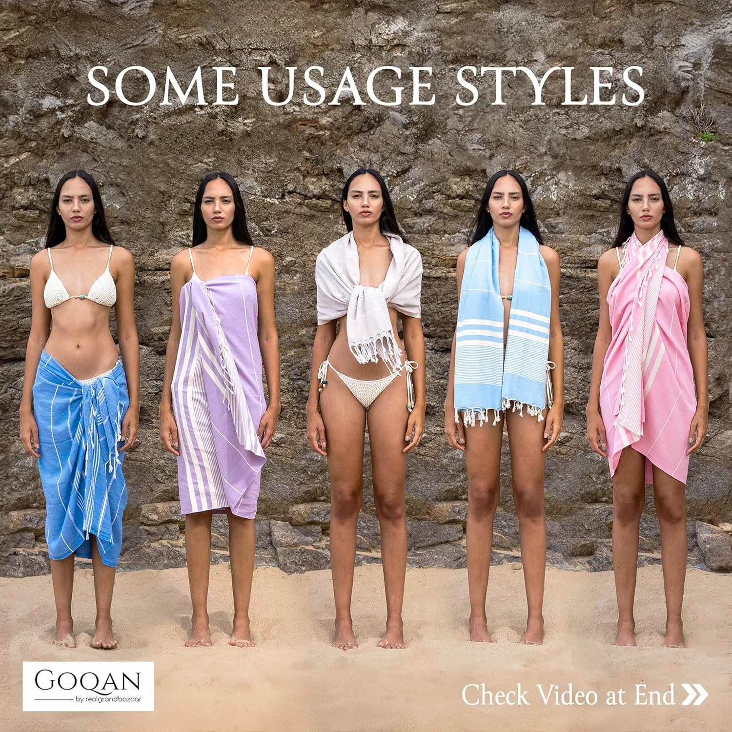 GOQAN Turkish Cotton Beach Towel Oversized 39x71 | Thin, Lightweight and Sand Free Towel is Suitable for Beach, Bathroom, Pool, Travel, Swim & Gift | Odor Free Thx to Quick Dry Property - Black-Grey