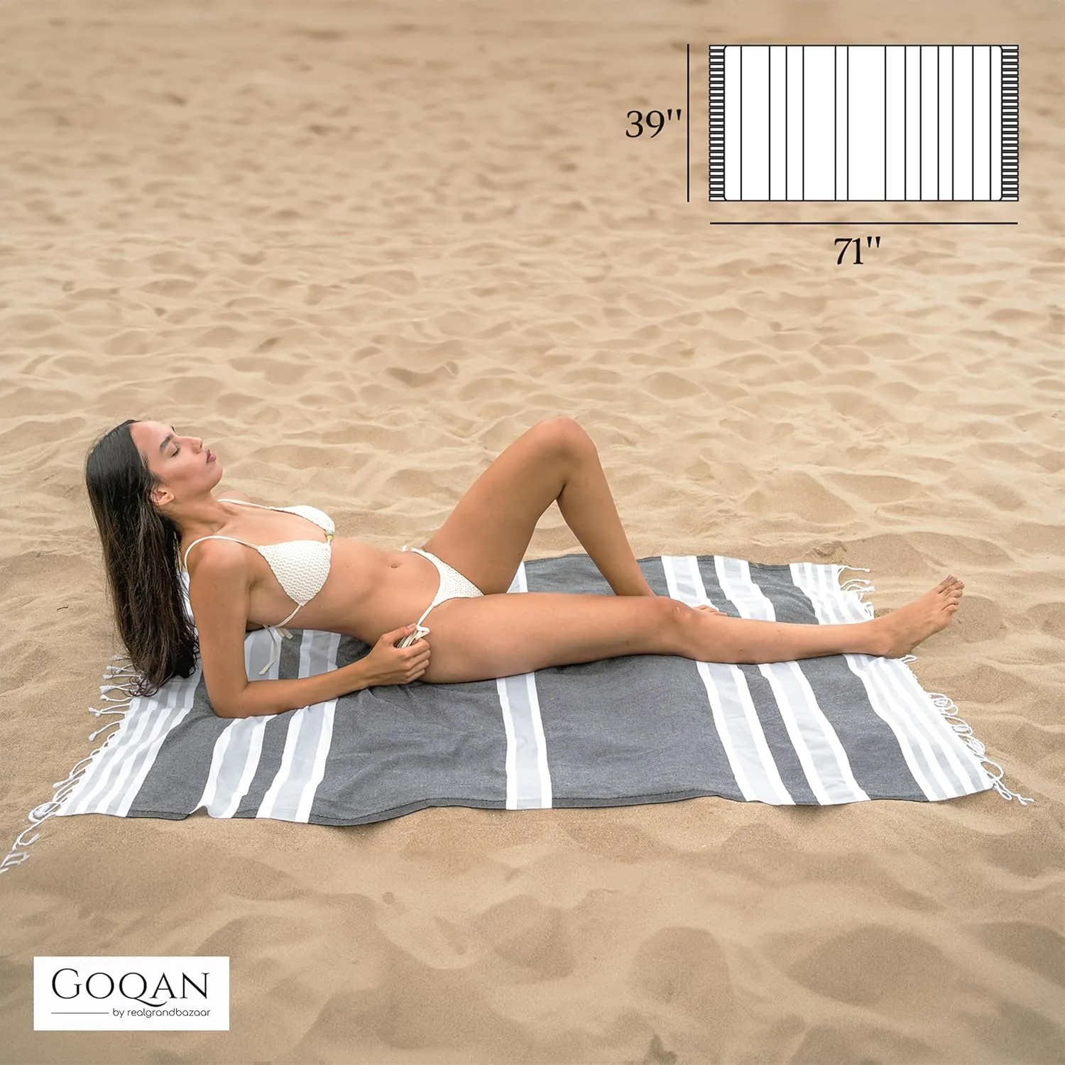 GOQAN Turkish Cotton Beach Towel Oversized 39x71 | Thin, Lightweight and Sand Free Towel is Suitable for Beach, Bathroom, Pool, Travel, Swim & Gift | Odor Free Thx to Quick Dry Property - Black-Grey