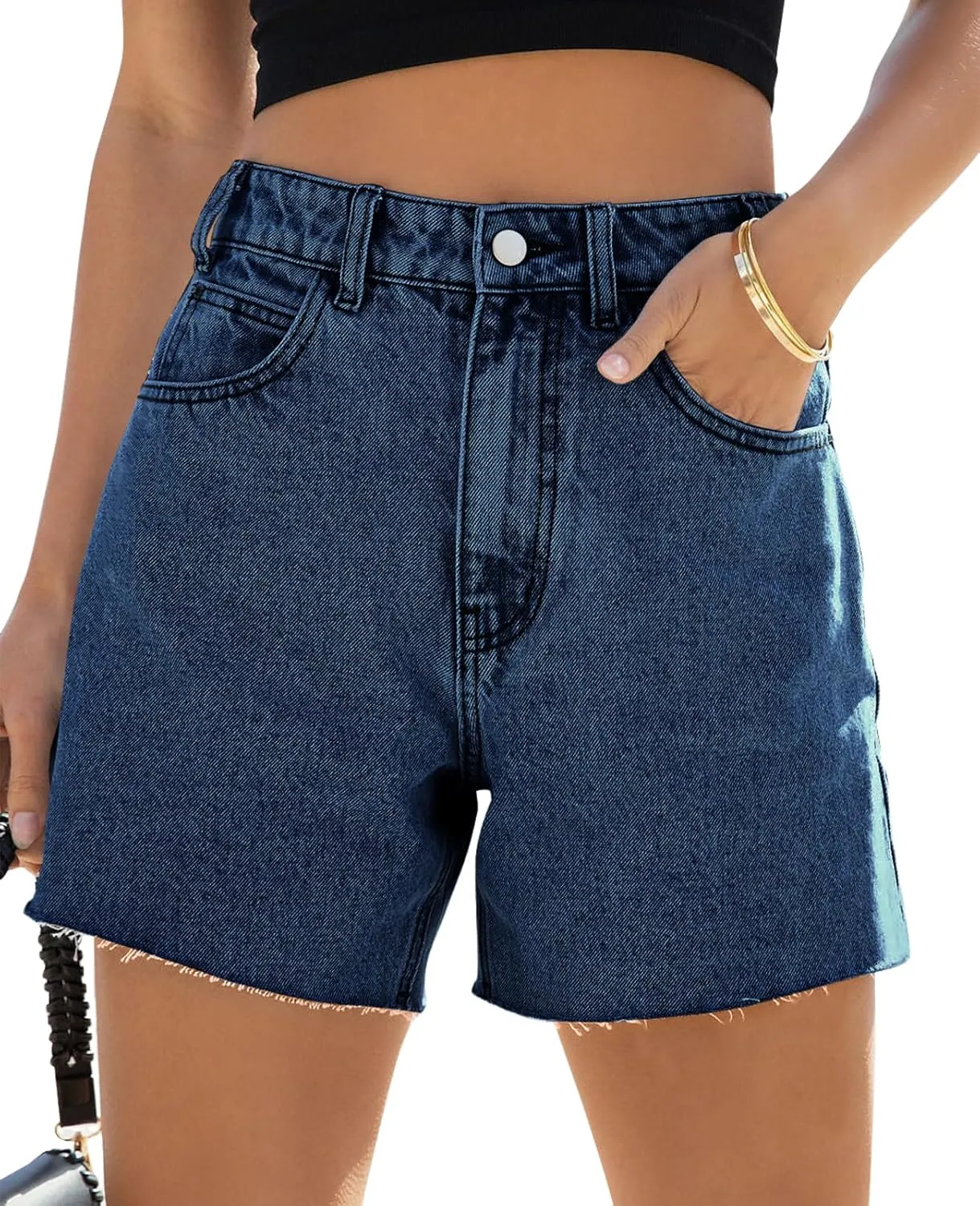 Goranbon Women's High Waisted Jean Shorts Straight Leg Raw Hem Retro Denim Shorts Summer Hot Pants with Pockets