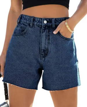 Goranbon Women's High Waisted Jean Shorts Straight Leg Raw Hem Retro Denim Shorts Summer Hot Pants with Pockets