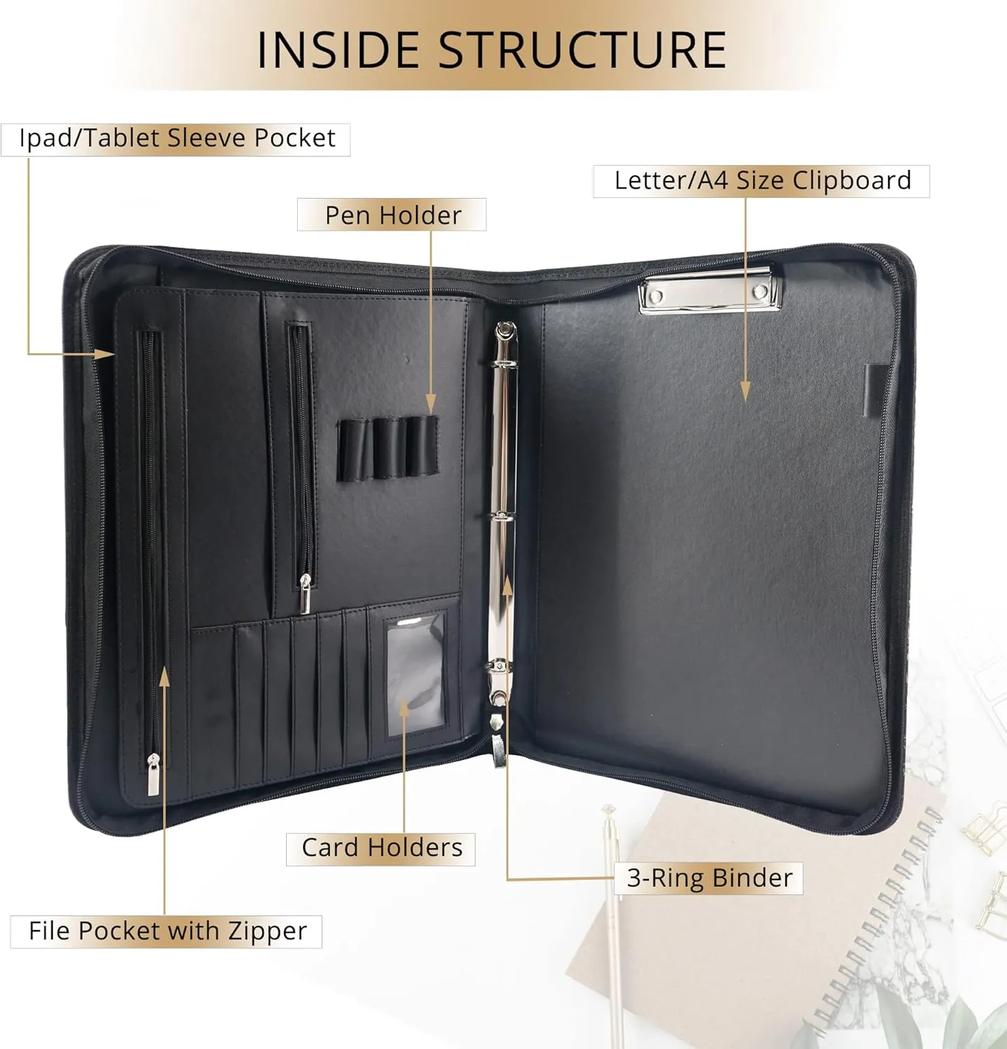 GraduatePro Zippered Leather Padfolio Portfolio Folder with Handle and Clipboard, 3-Ring A4 Size Interview Legal Conference Document Organizer, Business Card Holder Bag for Men/Women, Black Marble