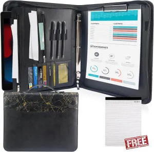 GraduatePro Zippered Leather Padfolio Portfolio Folder with Handle and Clipboard, 3-Ring A4 Size Interview Legal Conference Document Organizer, Business Card Holder Bag for Men/Women, Black Marble