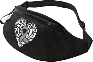 Gray Heart Ribbon Brain Cancer Awareness Crossbody waist bag, fashionable waist bag for teenagers, suitable for traveling, running, hiking