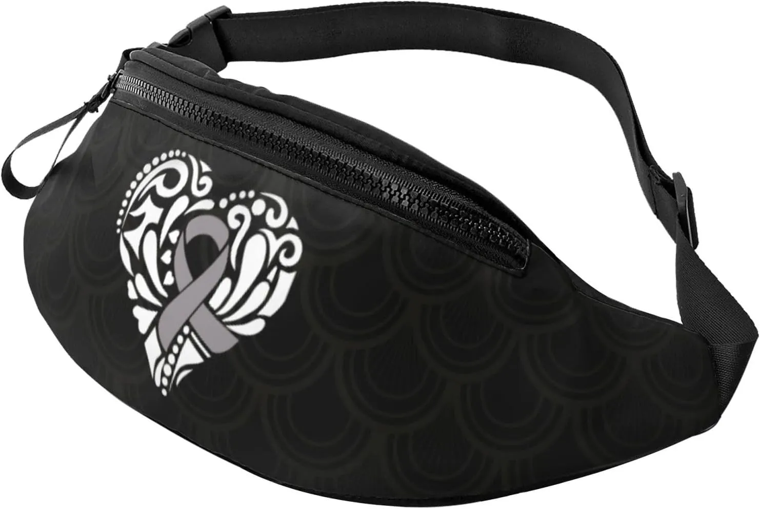 Gray Heart Ribbon Brain Cancer Awareness Crossbody waist bag, fashionable waist bag for teenagers, suitable for traveling, running, hiking