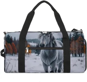 Gray Horse in Winter Landscape Snowy Wilderness Gym Bag for Men Women Water Resistant Duffle Bag Travel Lightweight Bag for Travel Sports