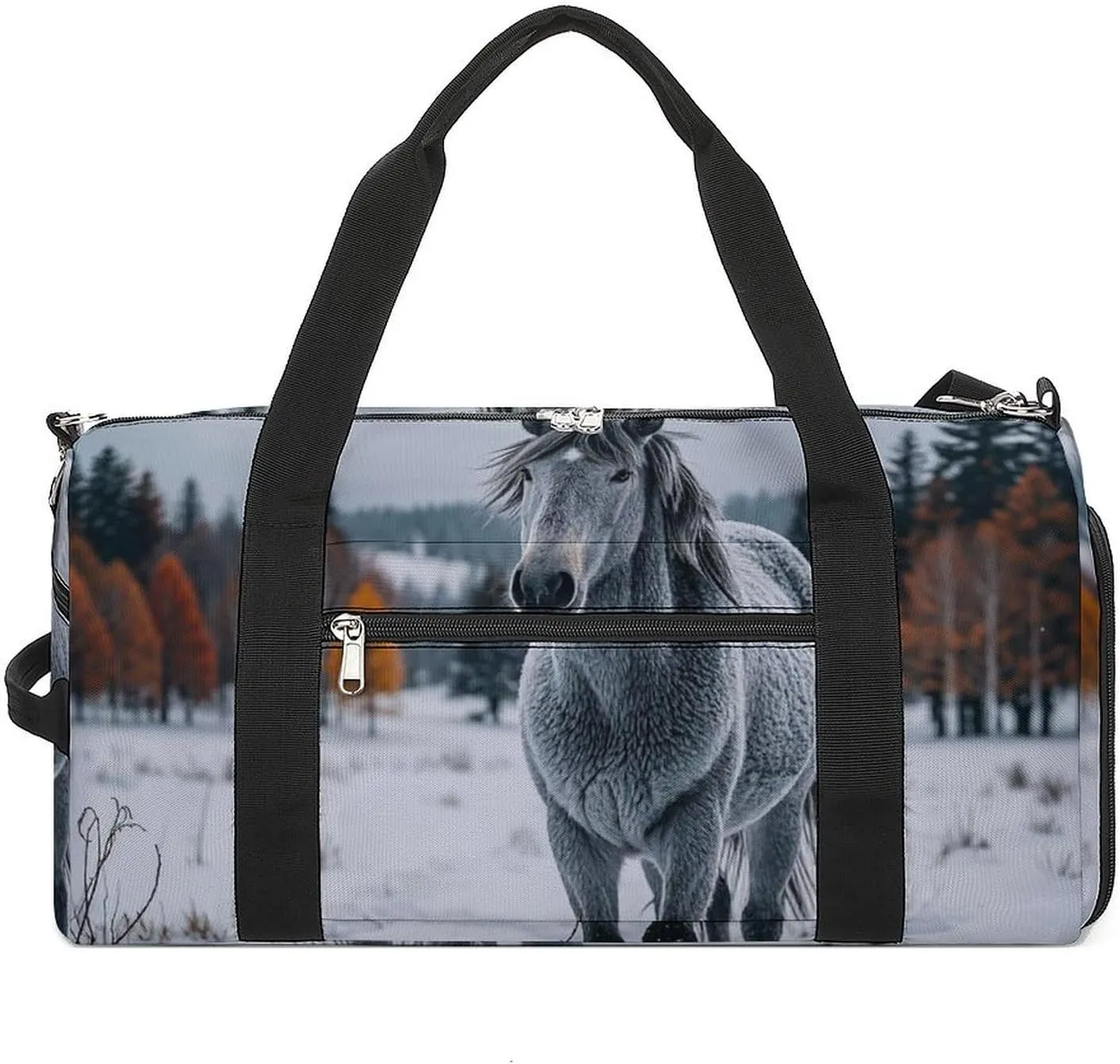 Gray Horse in Winter Landscape Snowy Wilderness Gym Bag for Men Women Water Resistant Duffle Bag Travel Lightweight Bag for Travel Sports