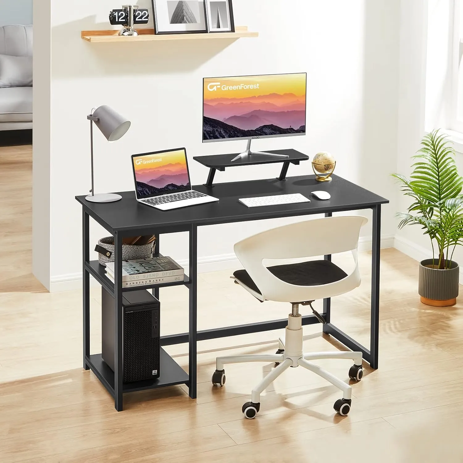 GreenForest Computer Desk 39 Inch with Monitor Stand, Office Desk with Adjustable Storage Shelves, Small Gaming Desk for Home Work Writing Study, Black