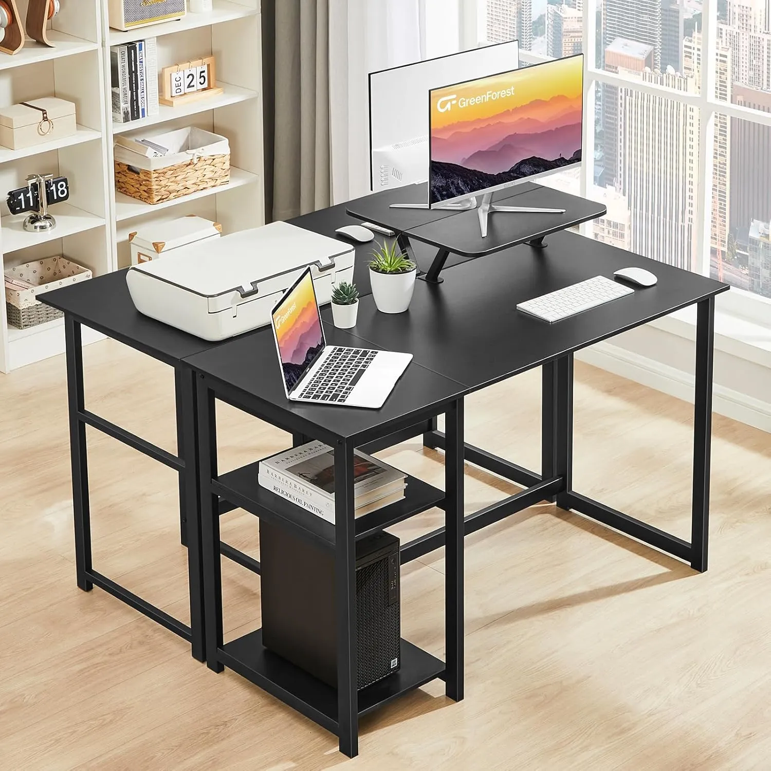GreenForest Computer Desk 39 Inch with Monitor Stand, Office Desk with Adjustable Storage Shelves, Small Gaming Desk for Home Work Writing Study, Black