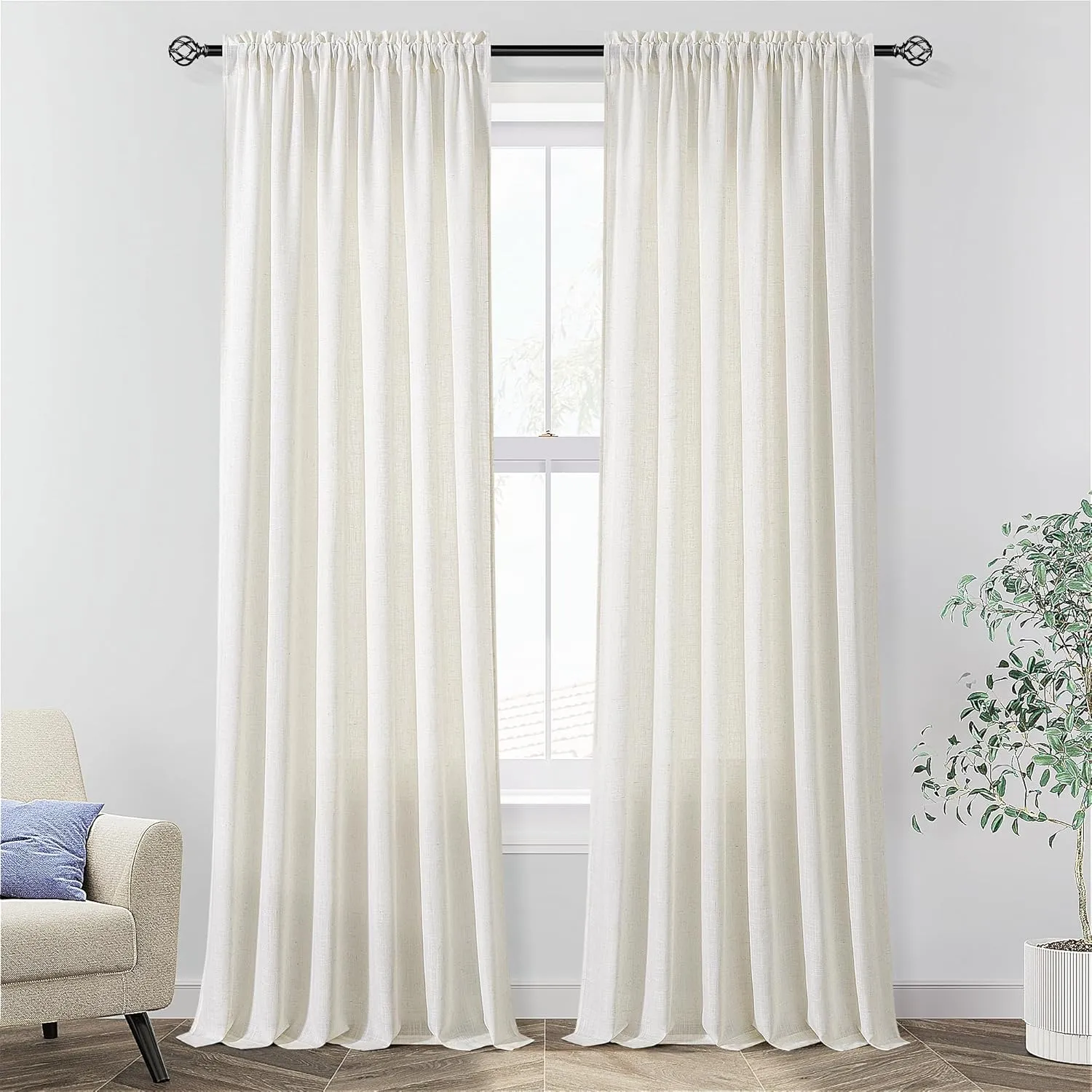 Guken Natural Linen Curtains 84 Inch Length for Living Room Bedroom 2 Panels Set Rod Pocket Light Filtering Semi Sheer Window Curtains 52 Inch Width Boho Farmhouse Linen Drapes Cream Ivory, W52xL84