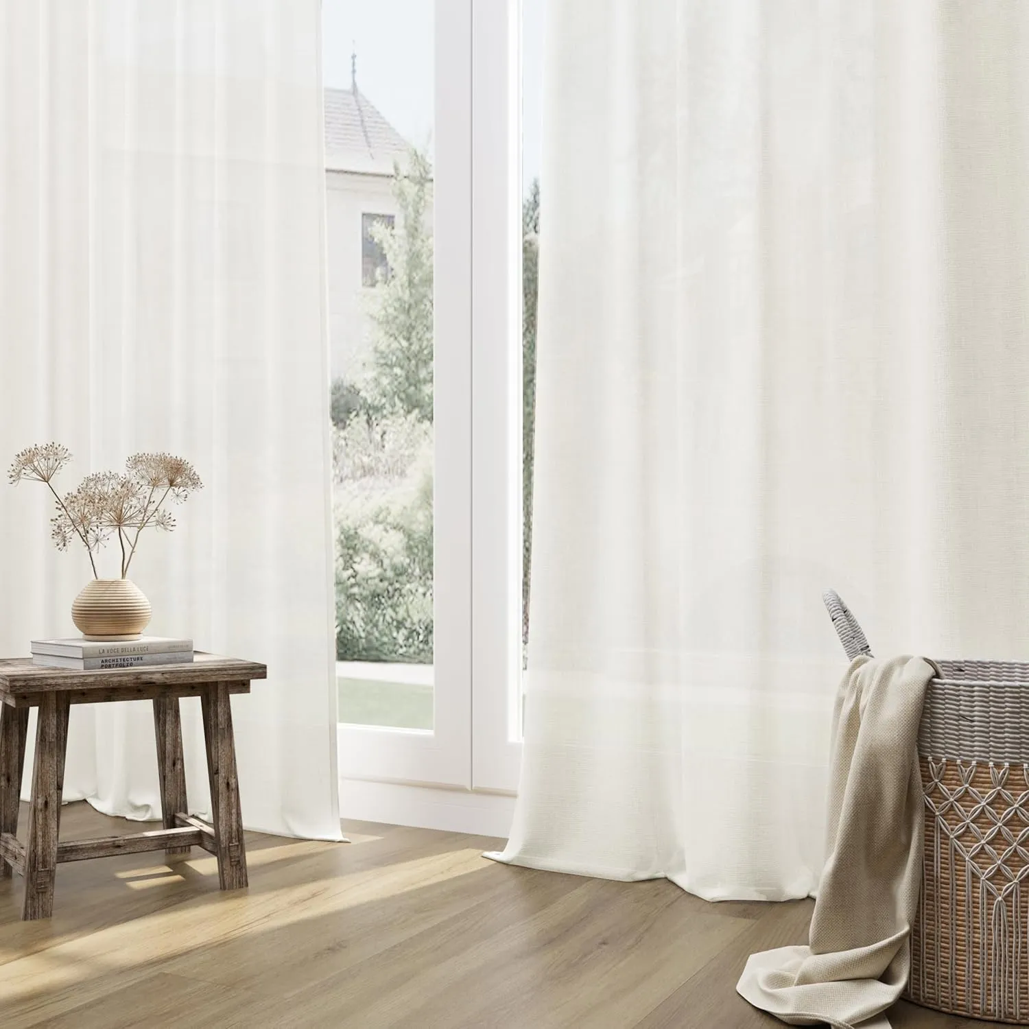 Guken Natural Linen Curtains 84 Inch Length for Living Room Bedroom 2 Panels Set Rod Pocket Light Filtering Semi Sheer Window Curtains 52 Inch Width Boho Farmhouse Linen Drapes Cream Ivory, W52xL84