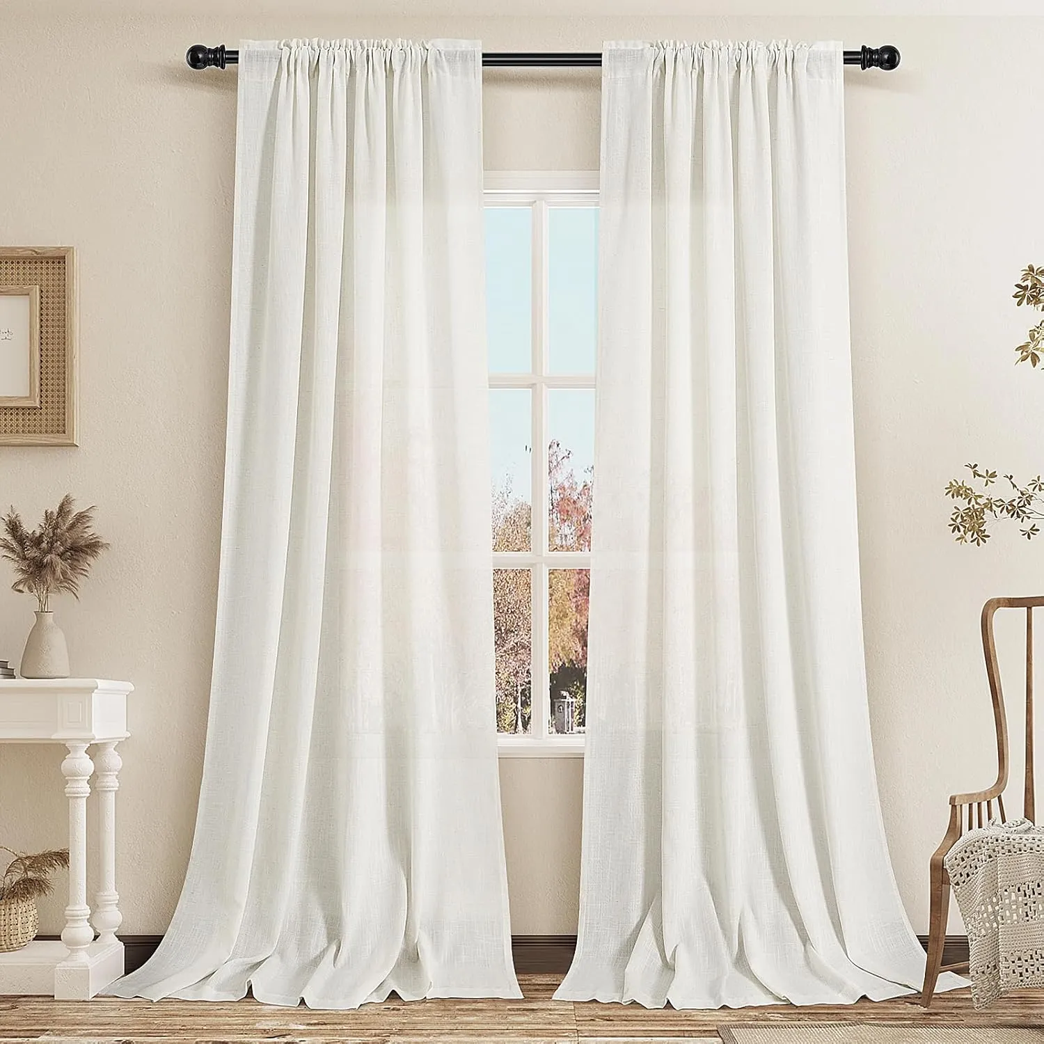 Guken Natural Linen Curtains 84 Inch Length for Living Room Bedroom 2 Panels Set Rod Pocket Light Filtering Semi Sheer Window Curtains 52 Inch Width Boho Farmhouse Linen Drapes Cream Ivory, W52xL84
