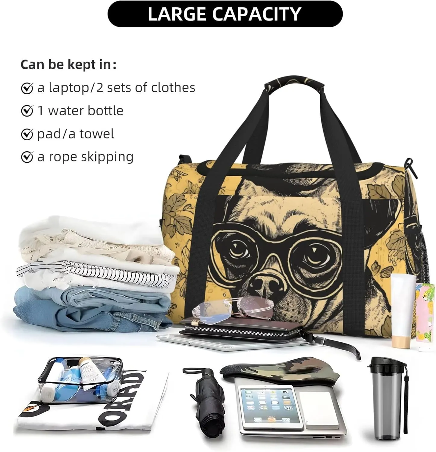 Gym Bag A Dog Wearing Glasses Duffel Bag for Men Women Travel Overnight Bag with Shoe Compartment Workout Bags