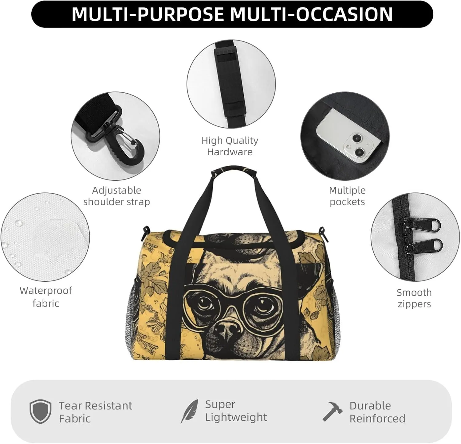 Gym Bag A Dog Wearing Glasses Duffel Bag for Men Women Travel Overnight Bag with Shoe Compartment Workout Bags