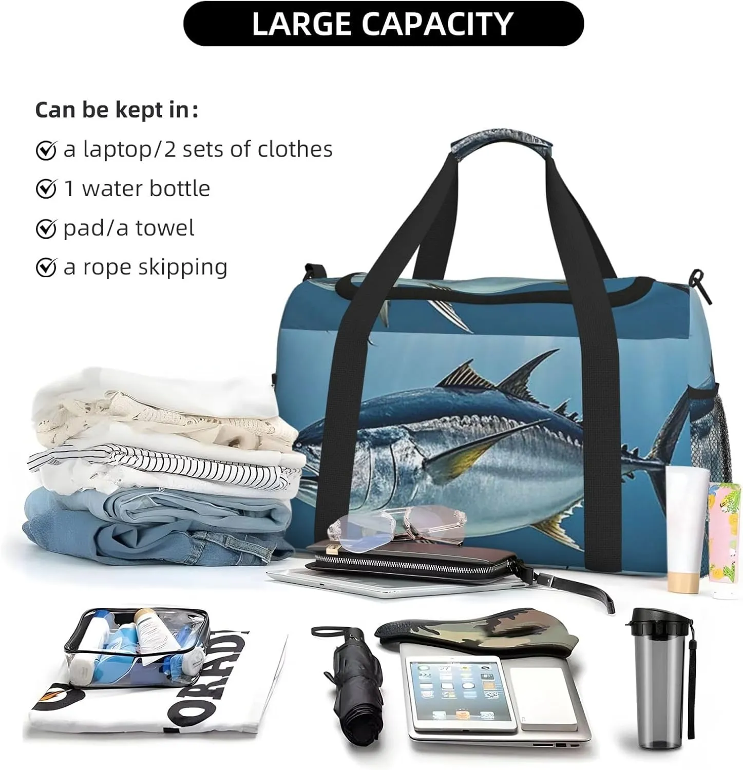 Gym Bag Bluefin Tuna Thunnus2 Duffel Bag for Men Women Travel Overnight Bag with Shoe Compartment Workout Bags