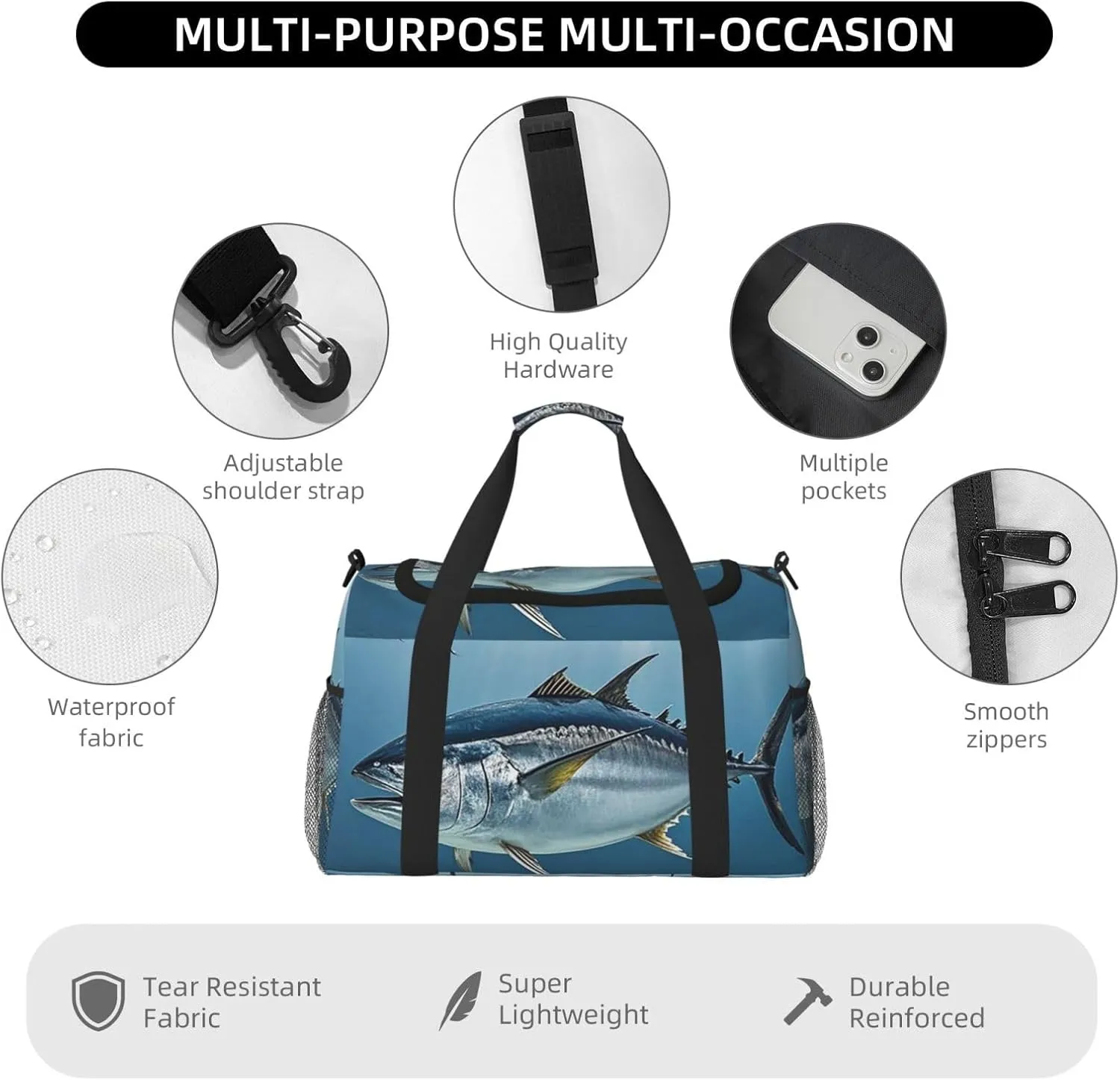 Gym Bag Bluefin Tuna Thunnus2 Duffel Bag for Men Women Travel Overnight Bag with Shoe Compartment Workout Bags
