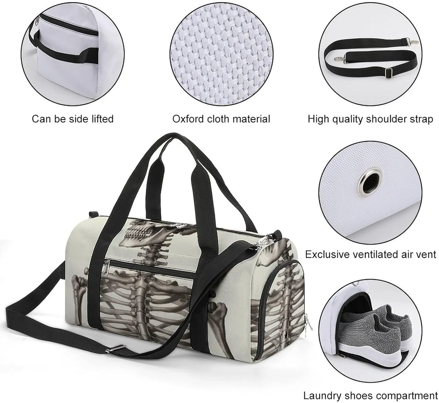 Gym Bag Human Skeleton Duffel Bag for Men Women Overnight Bag with Shoe Compartment Workout Bags