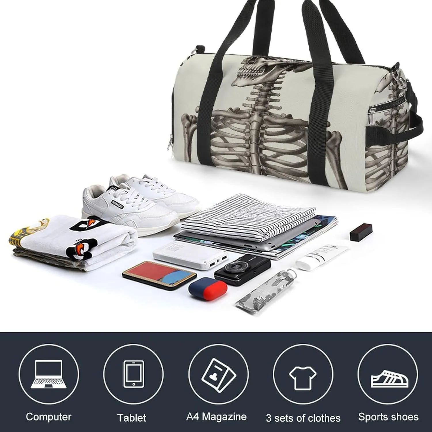 Gym Bag Human Skeleton Duffel Bag for Men Women Overnight Bag with Shoe Compartment Workout Bags