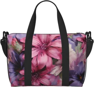 Gym Bag Purple Flowers Duffel Bag for Men Women Travel Overnight Bag with Shoe Compartment Workout Bags