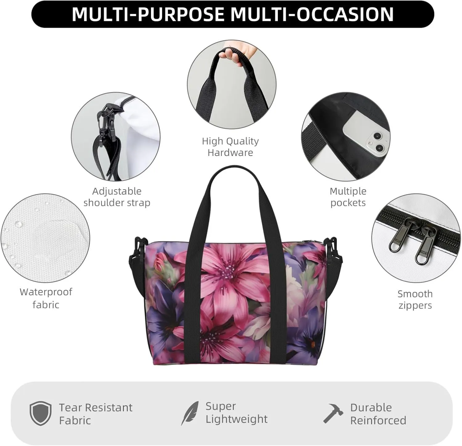 Gym Bag Purple Flowers Duffel Bag for Men Women Travel Overnight Bag with Shoe Compartment Workout Bags