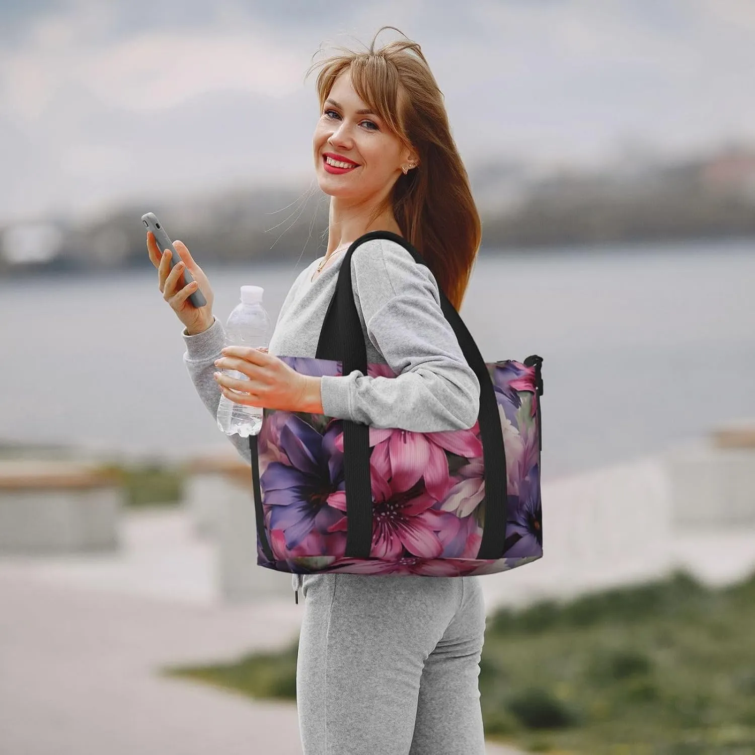 Gym Bag Purple Flowers Duffel Bag for Men Women Travel Overnight Bag with Shoe Compartment Workout Bags