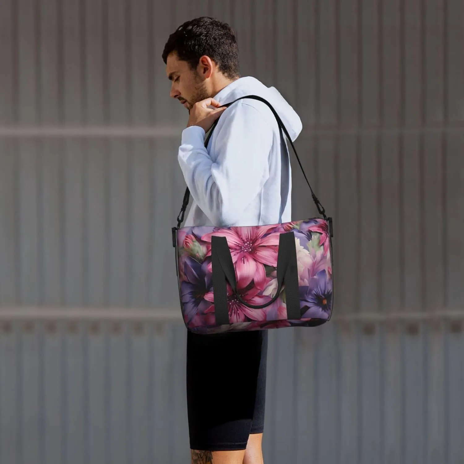 Gym Bag Purple Flowers Duffel Bag for Men Women Travel Overnight Bag with Shoe Compartment Workout Bags