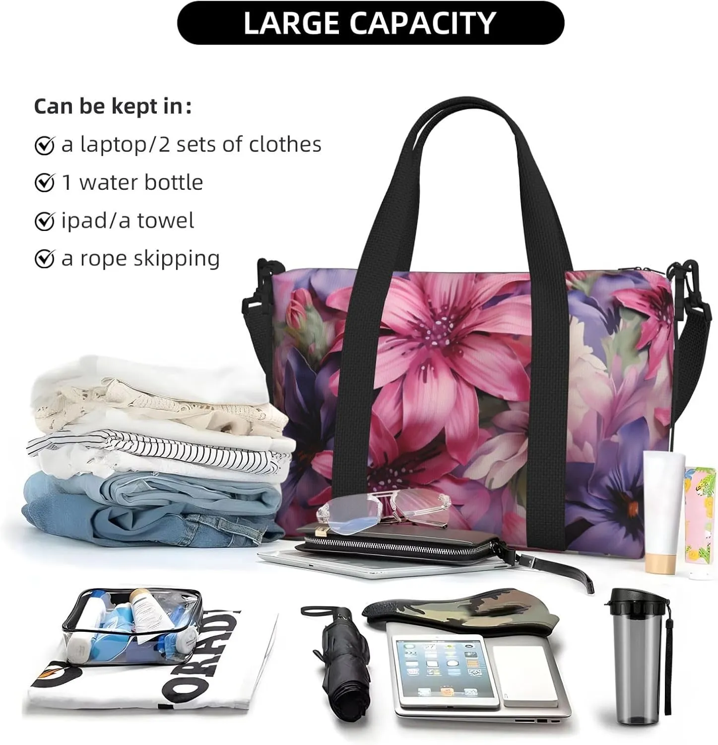 Gym Bag Purple Flowers Duffel Bag for Men Women Travel Overnight Bag with Shoe Compartment Workout Bags