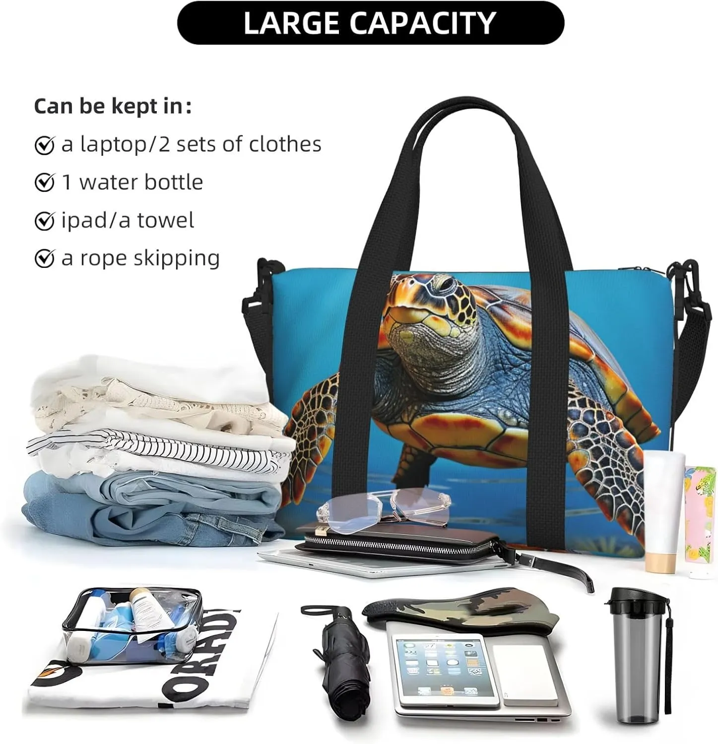 Gym Bag Turtle on blue background Duffel Bag for Men Women Travel Overnight Bag with Shoe Compartment Workout Bags