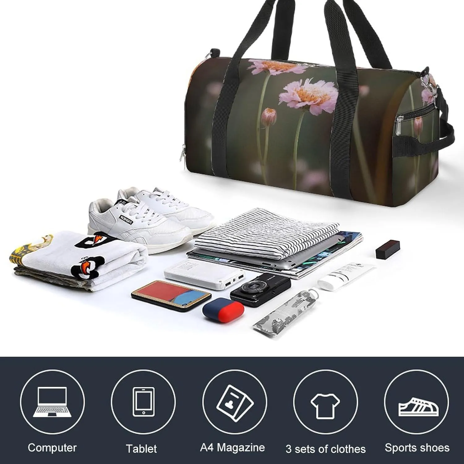 Gym Bag Two Flowers Duffel Bag for Men Women Travel Overnight Bag with Shoe Compartment Workout Bags