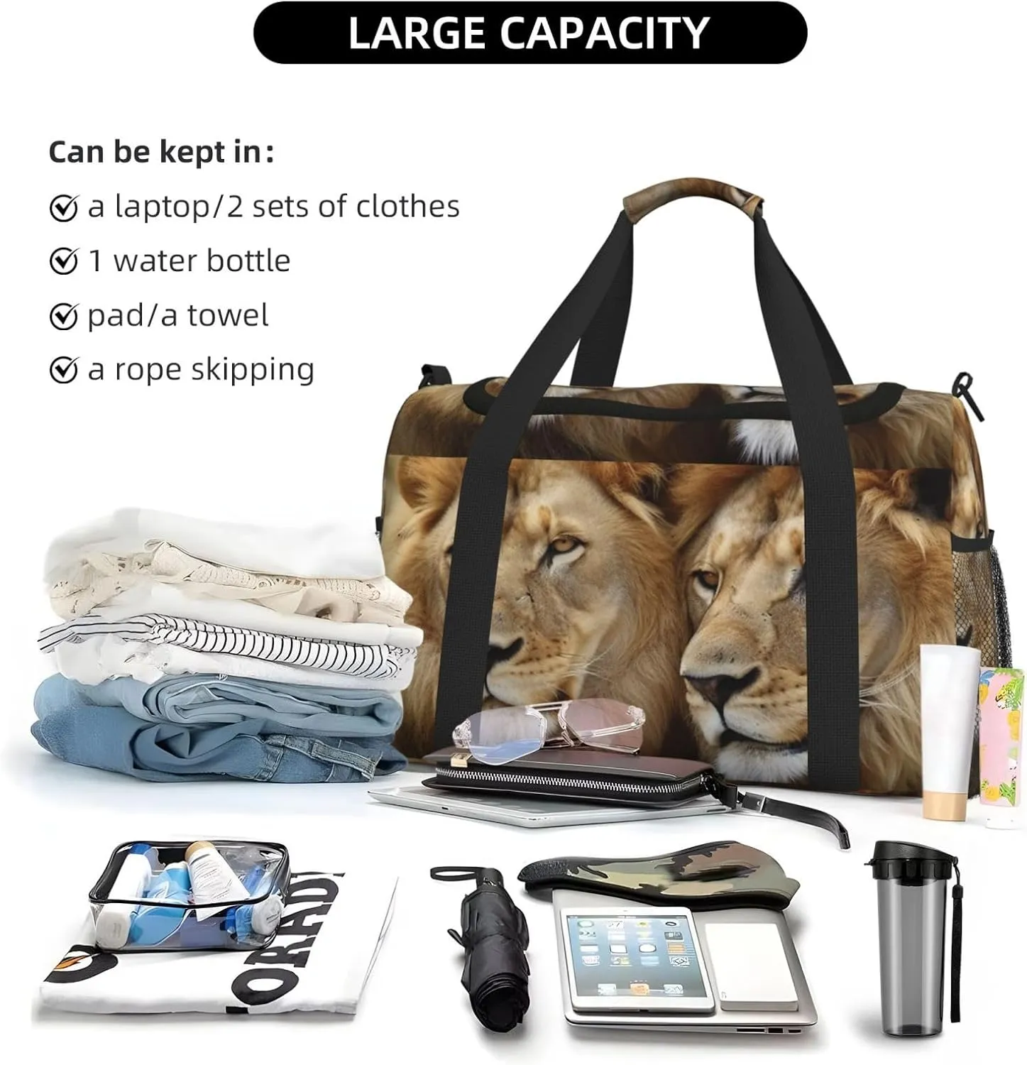 Gym Bag two lions Duffel Bag for Men Women Travel Overnight Bag with Shoe Compartment Workout Bags